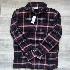 GAP Men's Burgundy and Black Plaid Button-Down Shirt